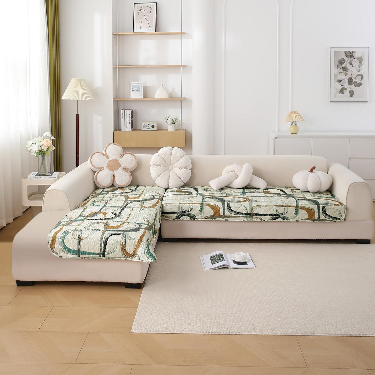Waterproof Printed Quilted Quick Dry L Shape Sofa Seat Cover Mat, Parchement Beige Abstract Art