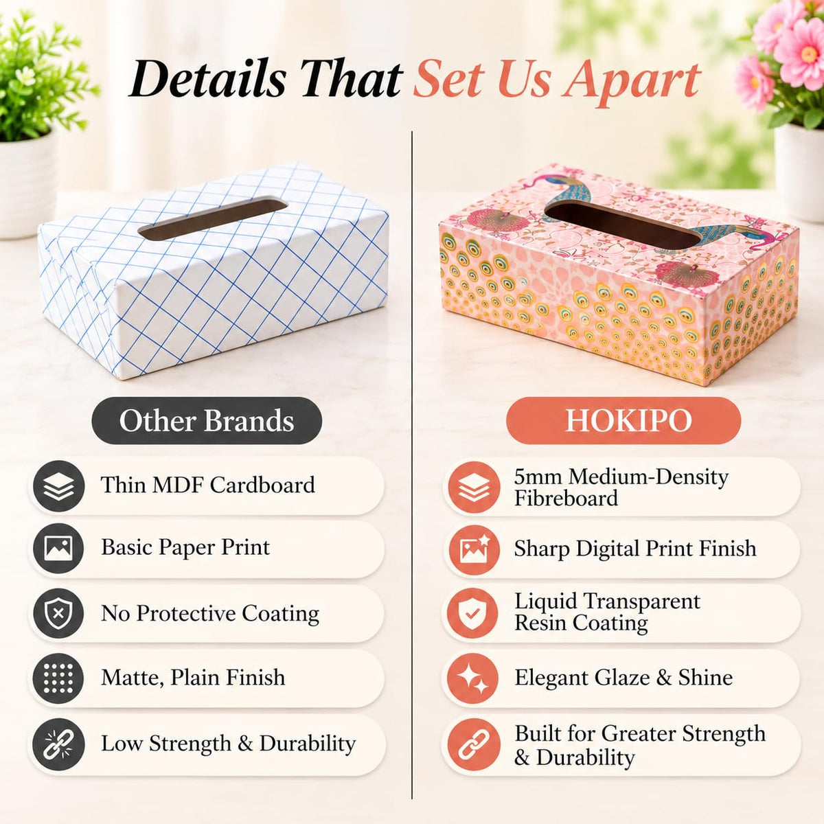 HOKIPO Tissue Box Holder, Rectangle, Engineered Wood, Gulabi Mayurvan - image 3