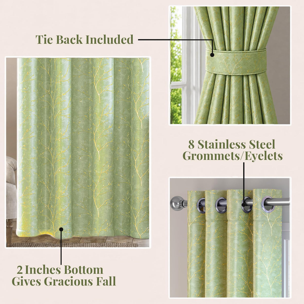 HOKIPO Shimmer Foil Printed Curtains, 7 Feet Long - Green - image 4