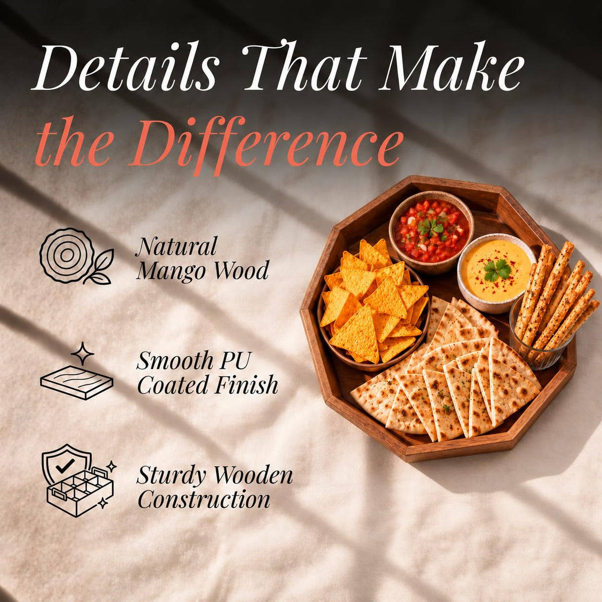 HOKIPO Arbor Mango Wood 10 Sided Serving Tray with Raised Edge, 32 cm - image 3