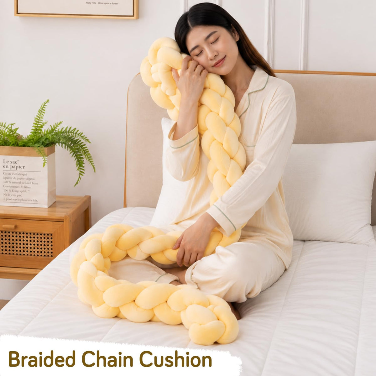 HOKIPO Braided Knot Chain Pillow for Sofa & Bed, 200 cm, Yellow
