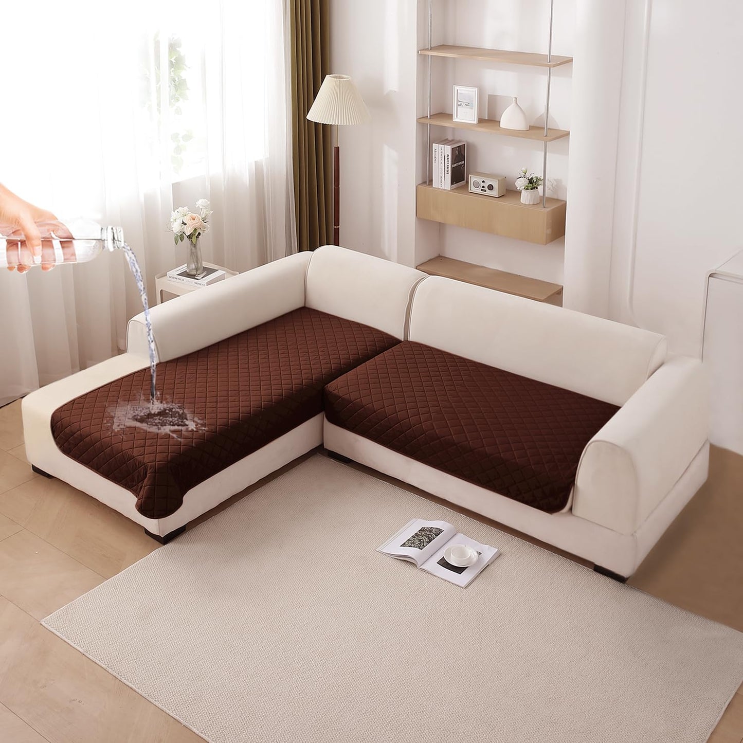 HOKIPO Waterproof Quilted Quick Dry L Shape Sofa Seat Cover Mat, Brown