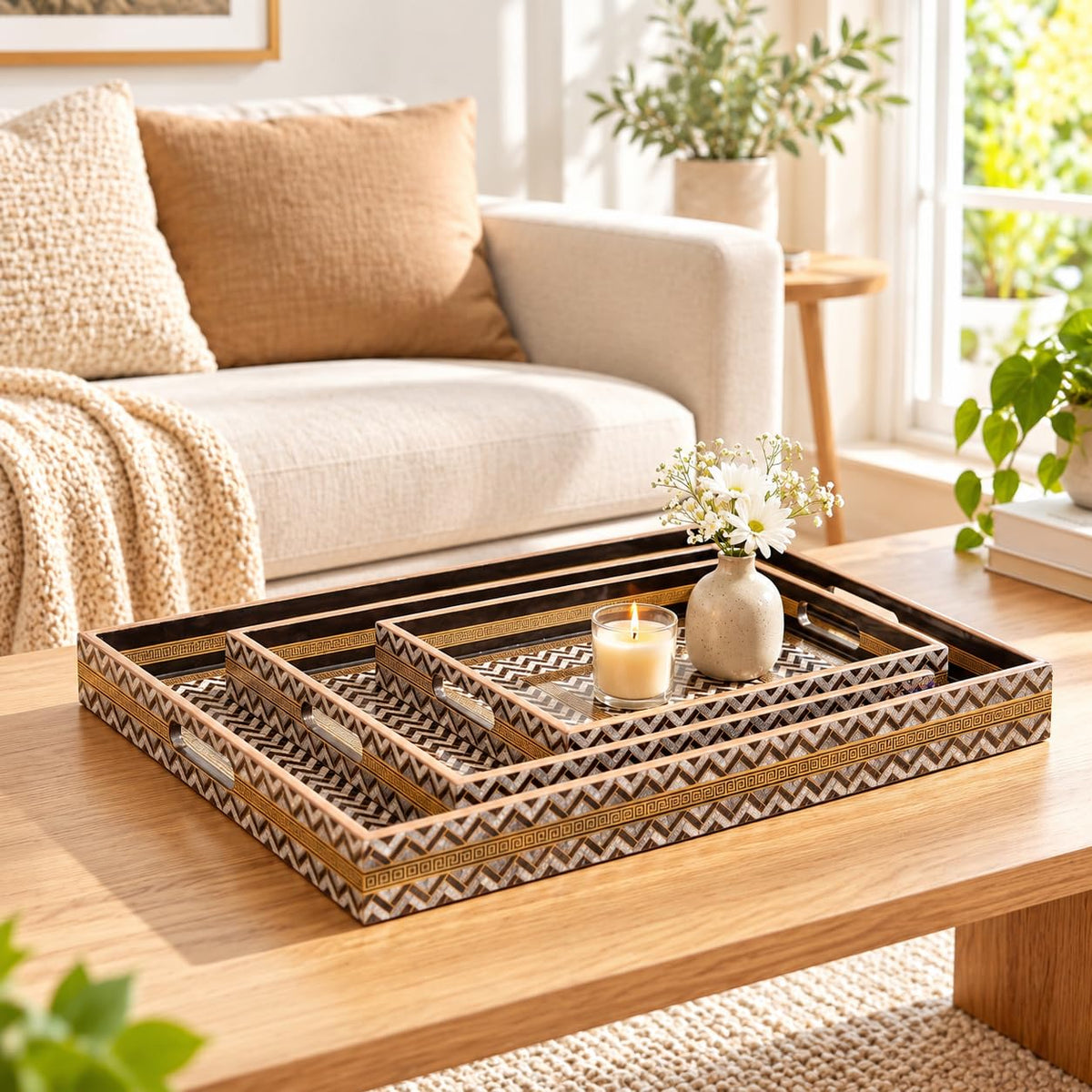 HOKIPO Serving Tray Set of 3, Engineered Wood, Noir Chevron - image 9