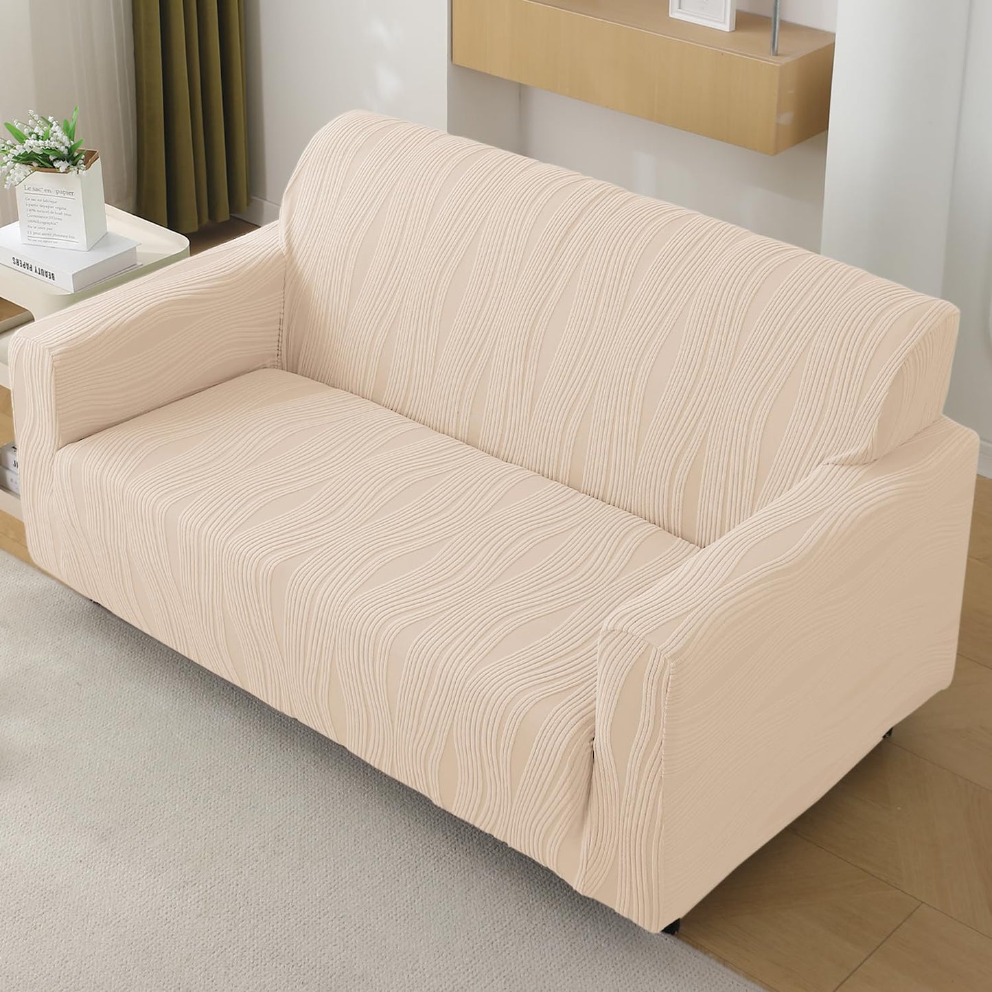 200gsm Knitting Jacquard Sofa Cover 1/2/3/4 Seater Fully Covered, Skimmed Cream