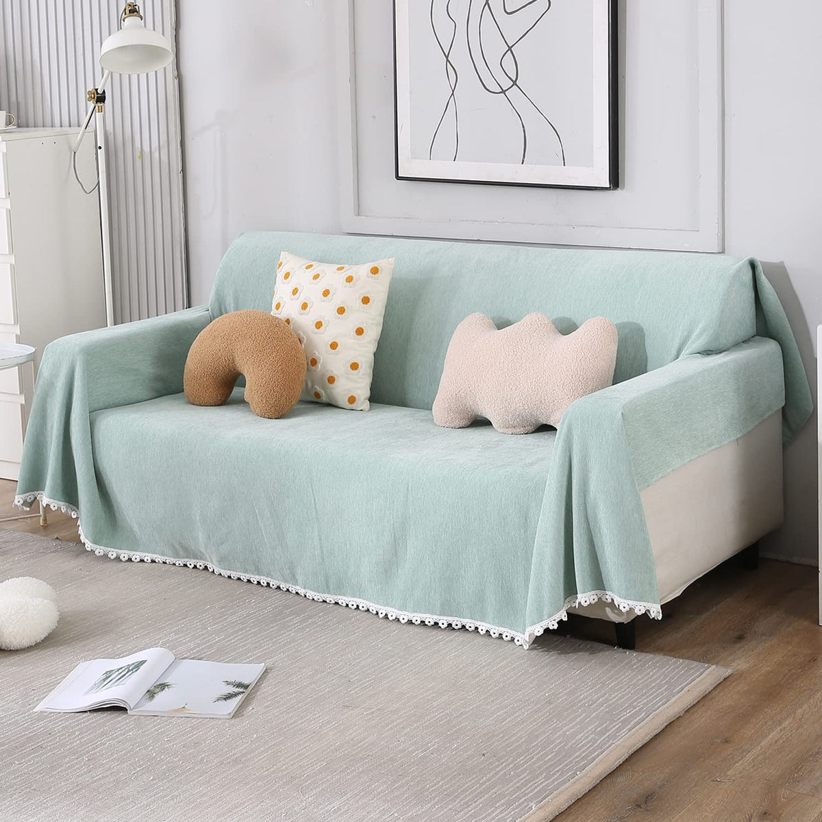 Mint colour chenille Three seater sofa throw of size 180(D)x300(L)
