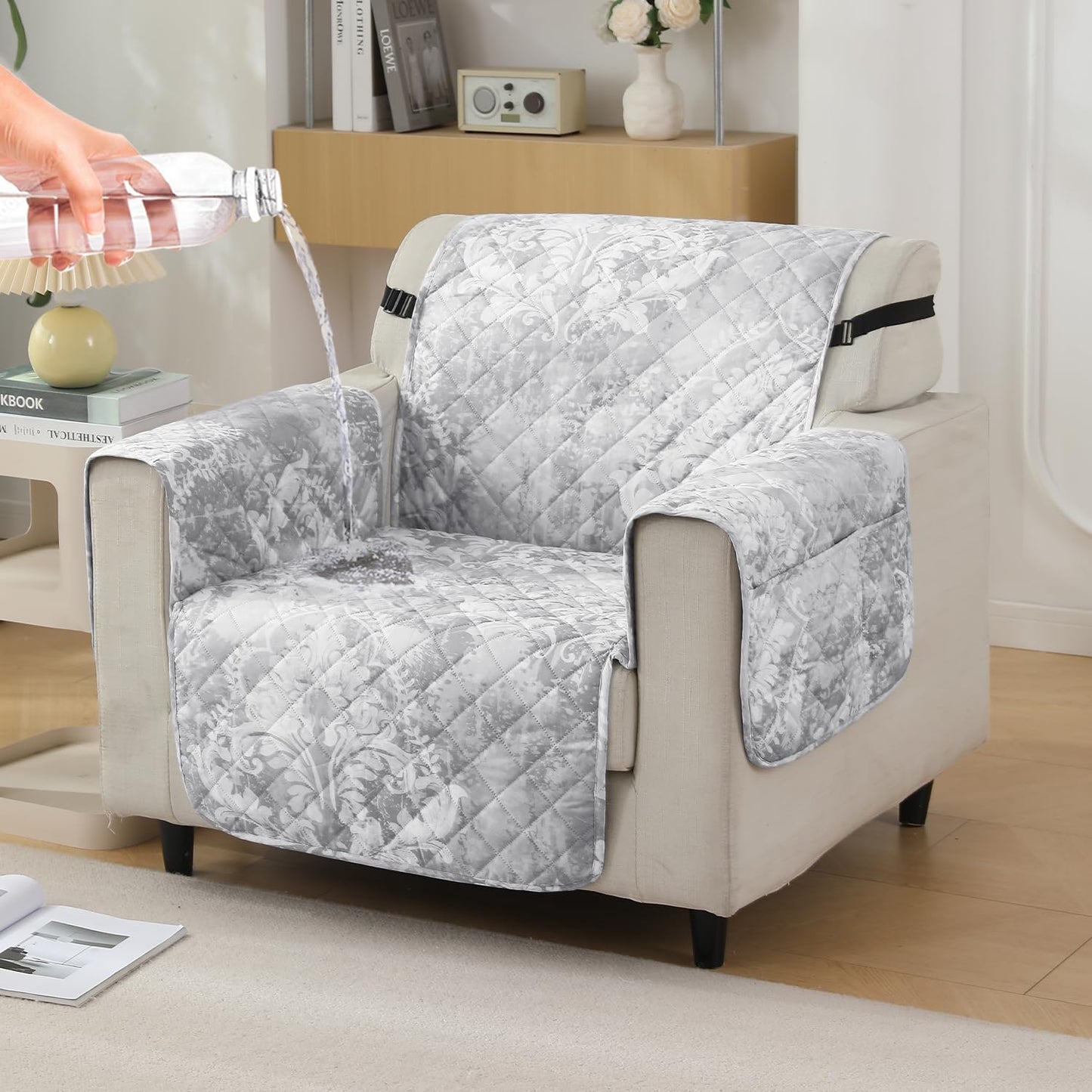 HOKIPO Quilted Waterproof Sofa Cover Mat with Pockets on Armrest Cover - Motifs Cloud Grey
