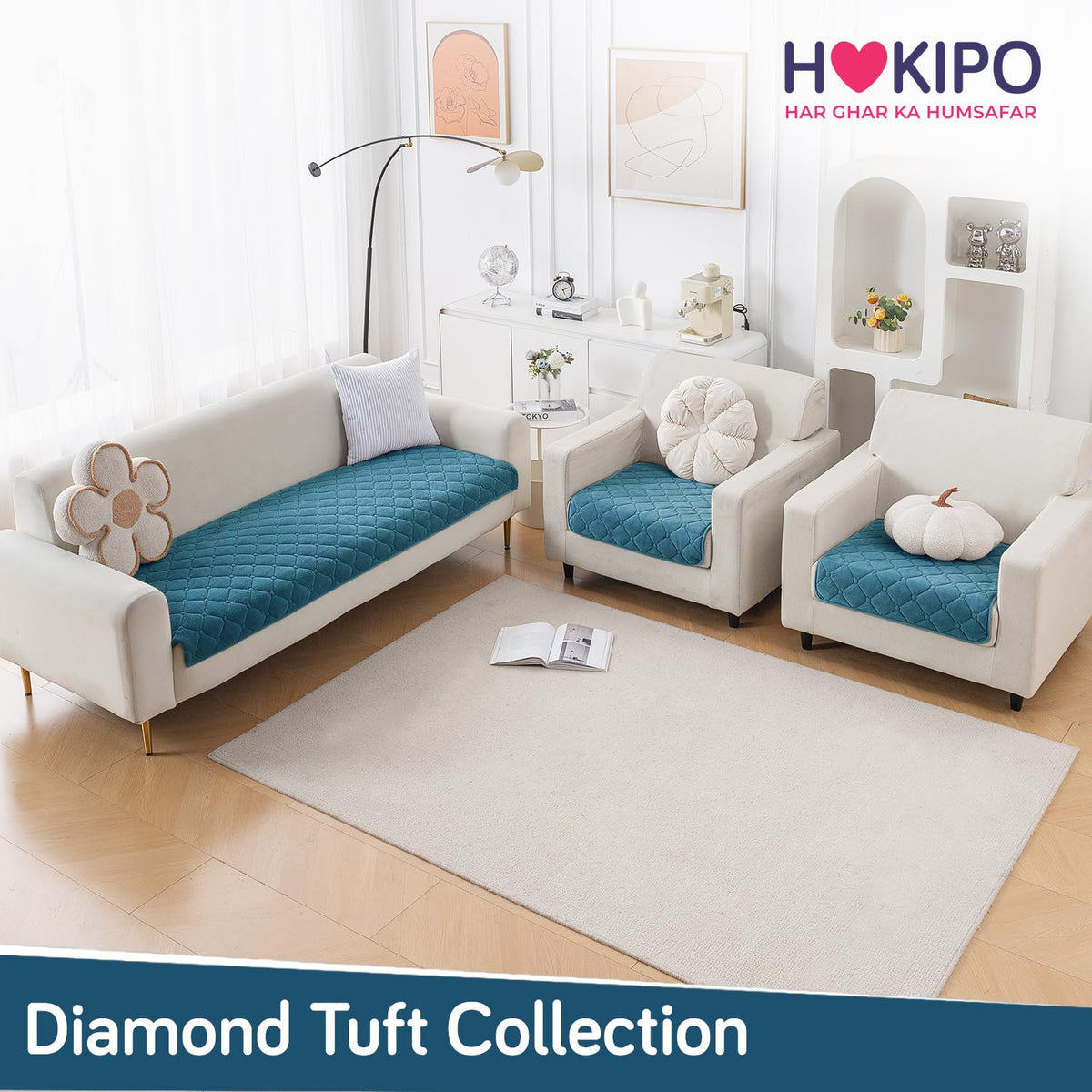 Diamond Tuft Quilted 5-Seater Sofa Mat (3+1+1), Anti-Slip, Dusty Teal
