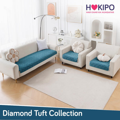 Diamond Tuft Quilted 5-Seater Sofa Mat (3+1+1), Anti-Slip, Dusty Teal