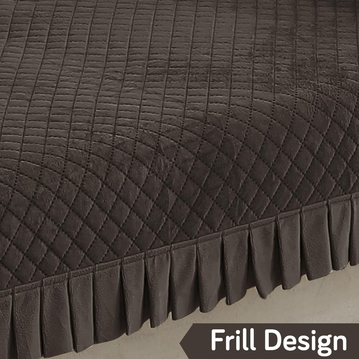Holland Velvet Sofa Cover Seat Mat with Frill for 1/2/3 - Seater, Dark Grey