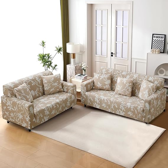 Elastic Stretchable Printed 140gsm Fully Covered Sofa Cover, Buff Brown Sillehoute Floral