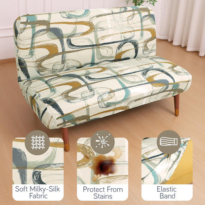 Elira Series Stretchable Elastic Armless Sofa Cover – 140 GSM, Futon Slipcover, Easy Fit, Parchement Beige Abstract Art