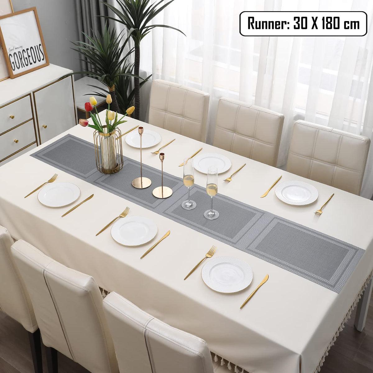 Buy Grey Colour PVC Table Runner for 6 Seater (30x180cm) | HOKIPO