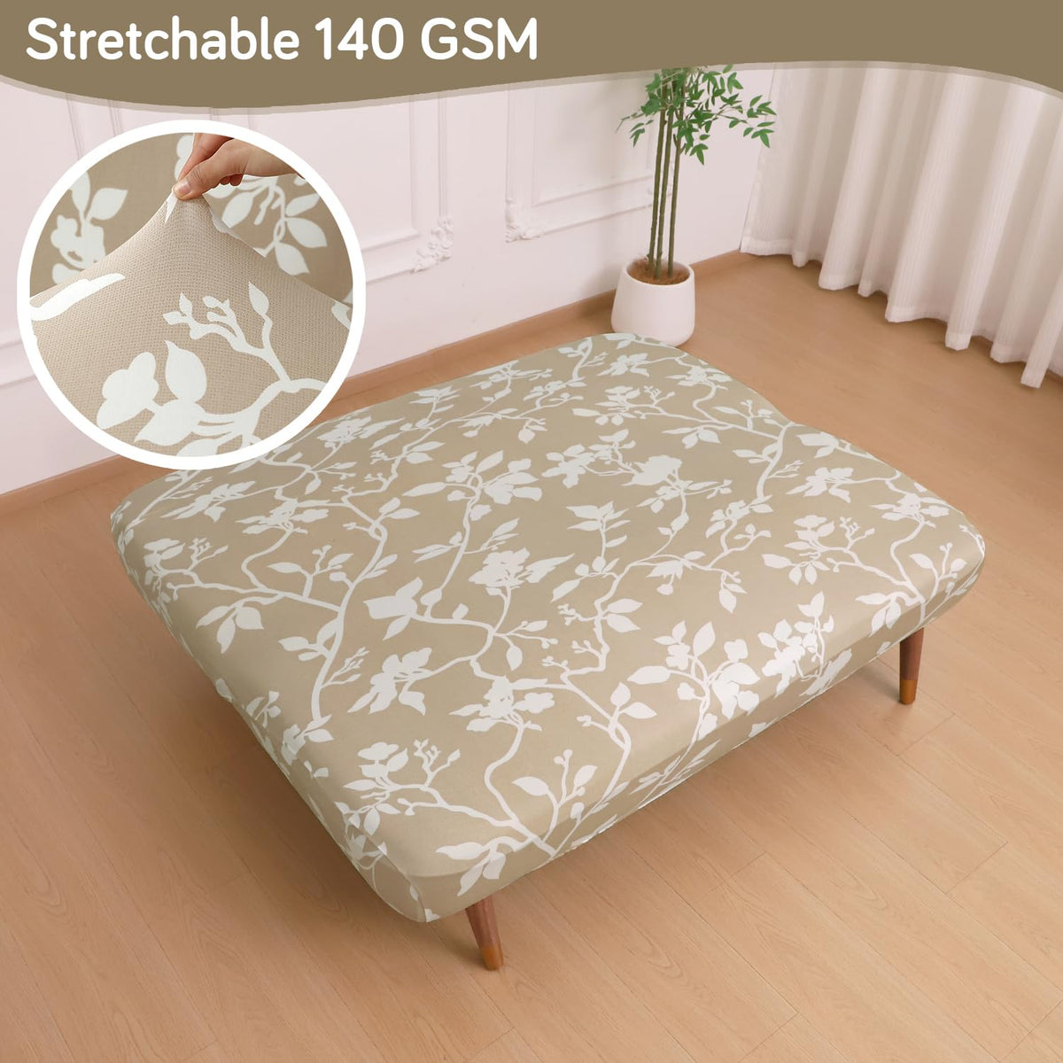 Buy Buff Brown Sillehoute Floral Printed 140 GSM Stretchable Sofa Cum Bed Cover for Futon - HOKIPO