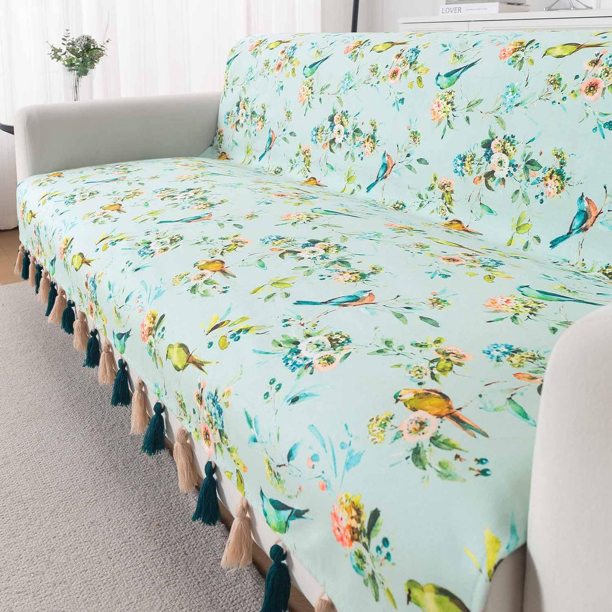 'Whispers of Nature' Series Holland Velvet Sofa Cover with Tassel, Mint Birdsong Blossom