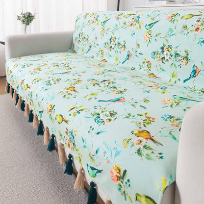 'Whispers of Nature' Series Holland Velvet Sofa Cover with Tassel, Mint Birdsong Blossom