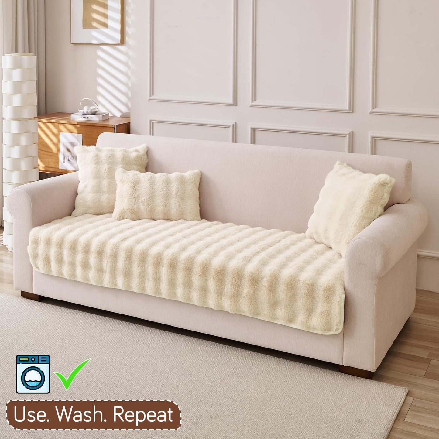 'FurHug' Premium Faux Rabbit Fur Sofa Seat Mats, Beige