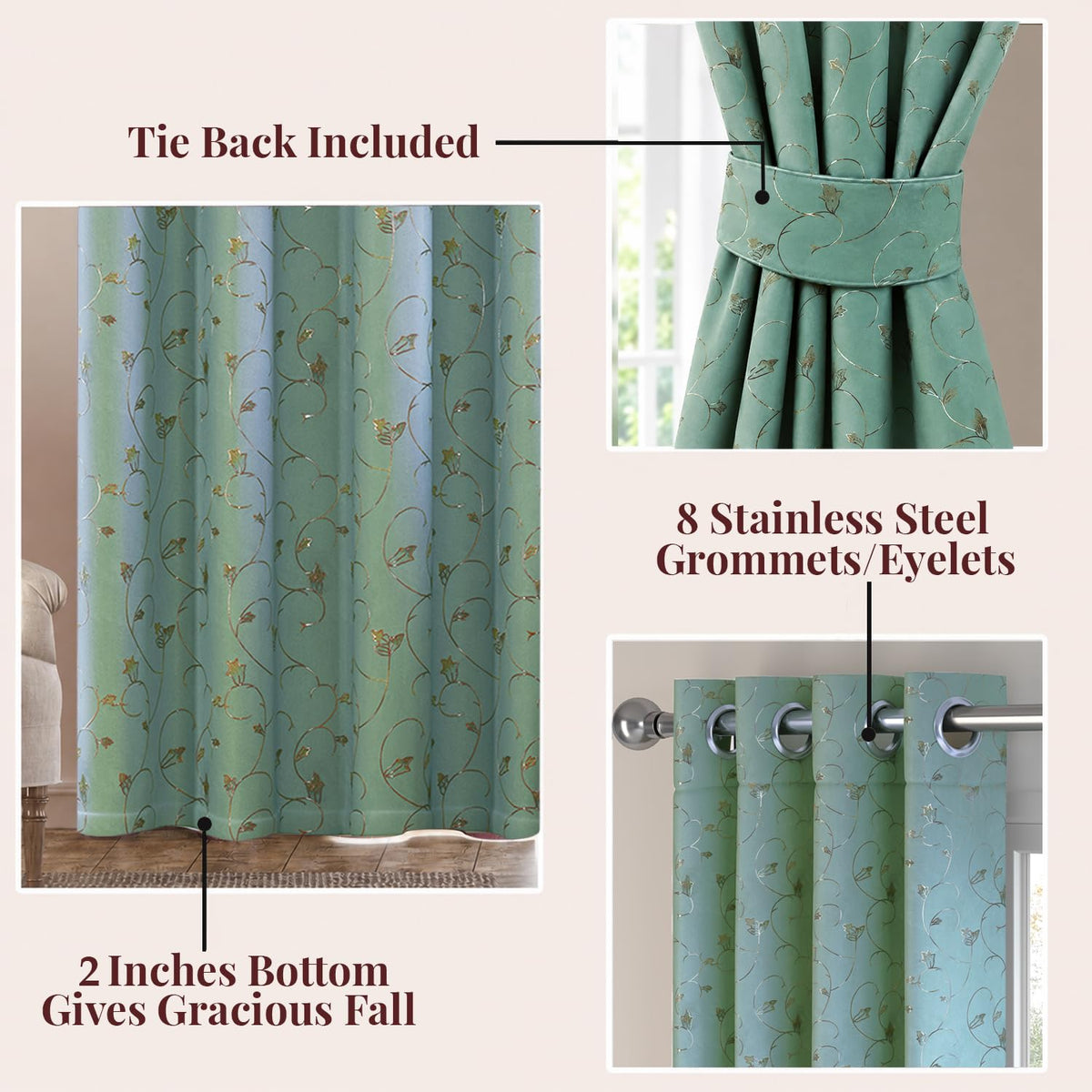 HOKIPO Golden Vine Eyelet Curtains, 7 Feet Long - Sage Green - image 3