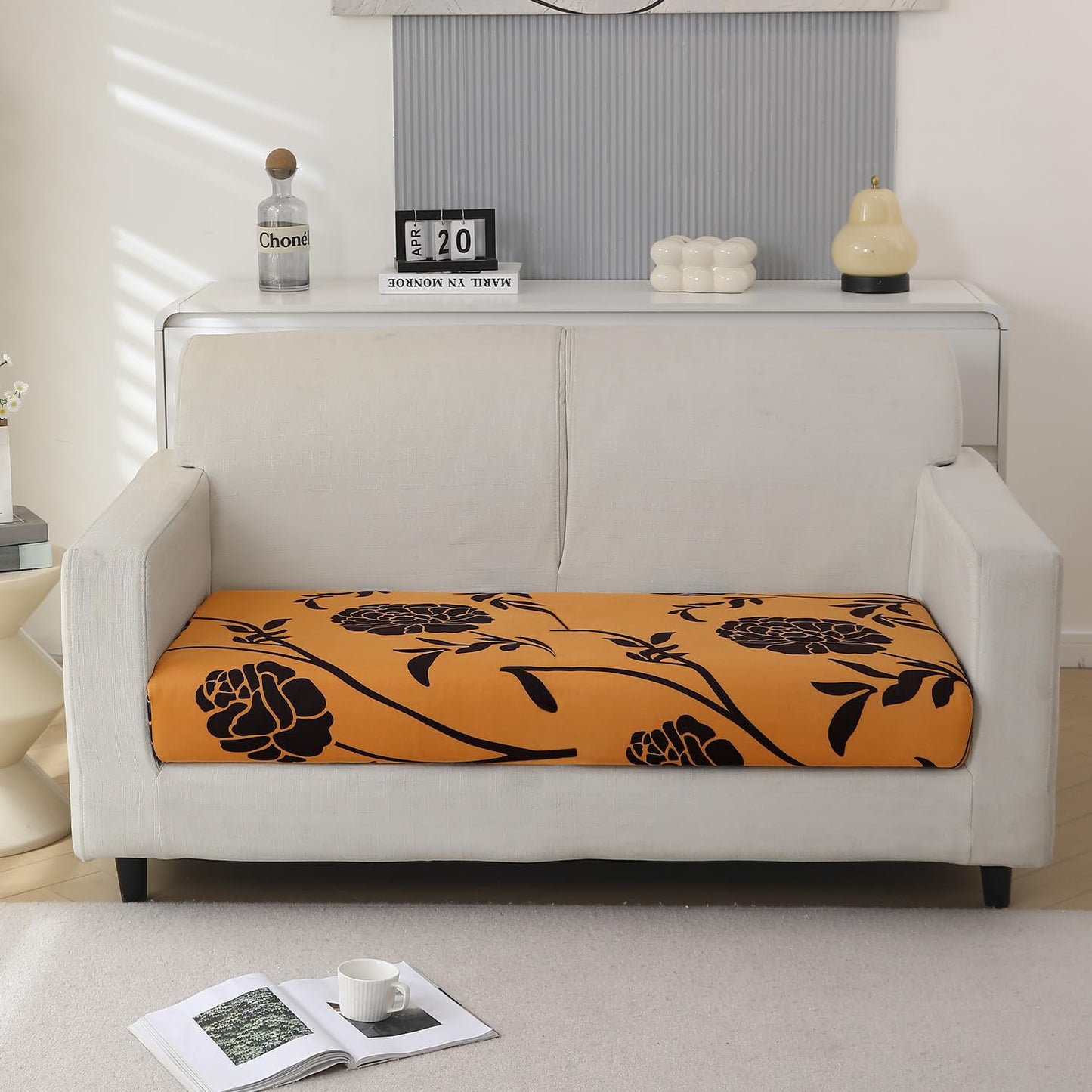 Stretchable 140gsm Printed Seat Couch Cushion Cover for 1/2/3 Seaters / Pieces for Sofa, Copper Brown Floral