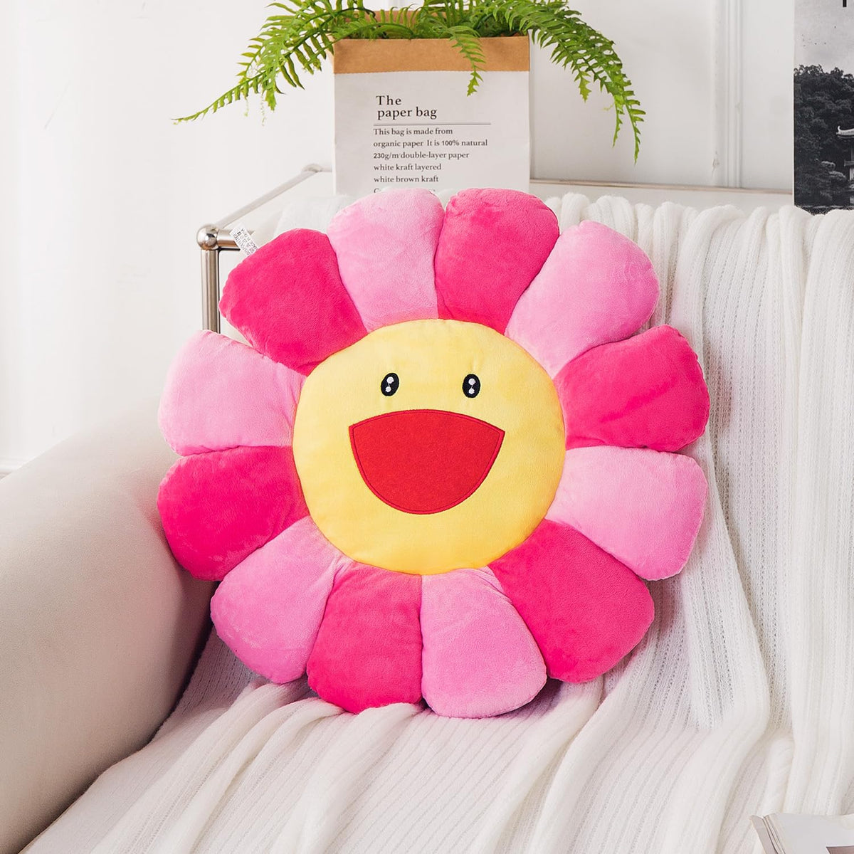 HOKIPO Smiley Sunflower Cushion for Sofa & Bed, 45 cm, Pink