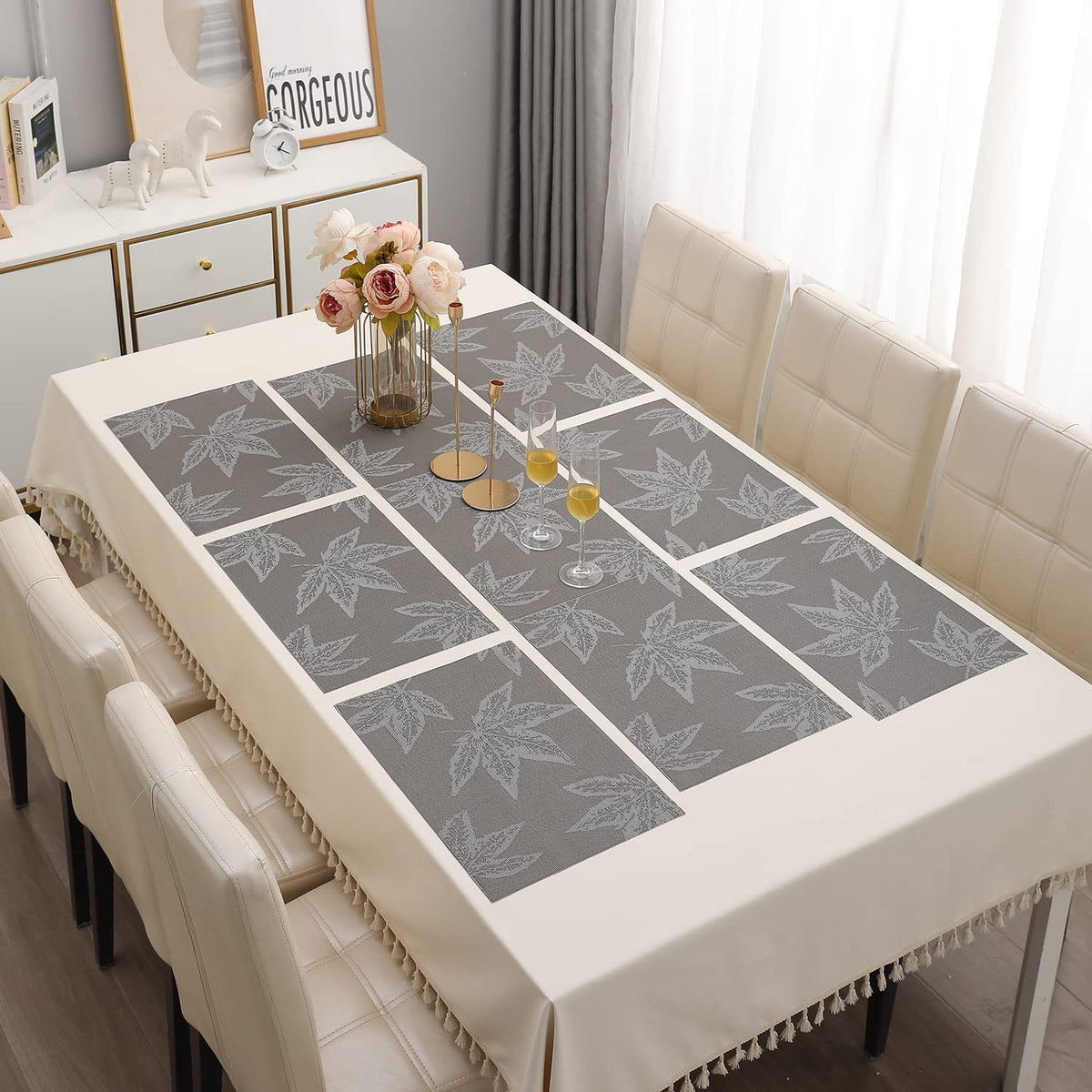 PVC Dining Table Mats, Grey Maple Leaf