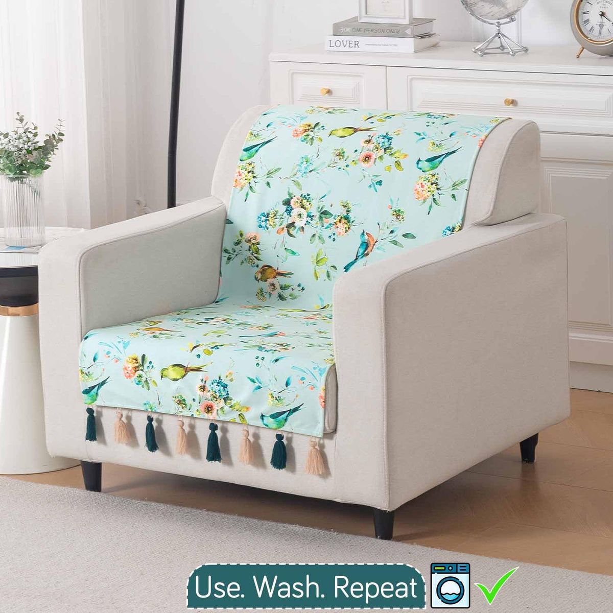'Whispers of Nature' Series Holland Velvet Sofa Cover with Tassel, Mint Birdsong Blossom