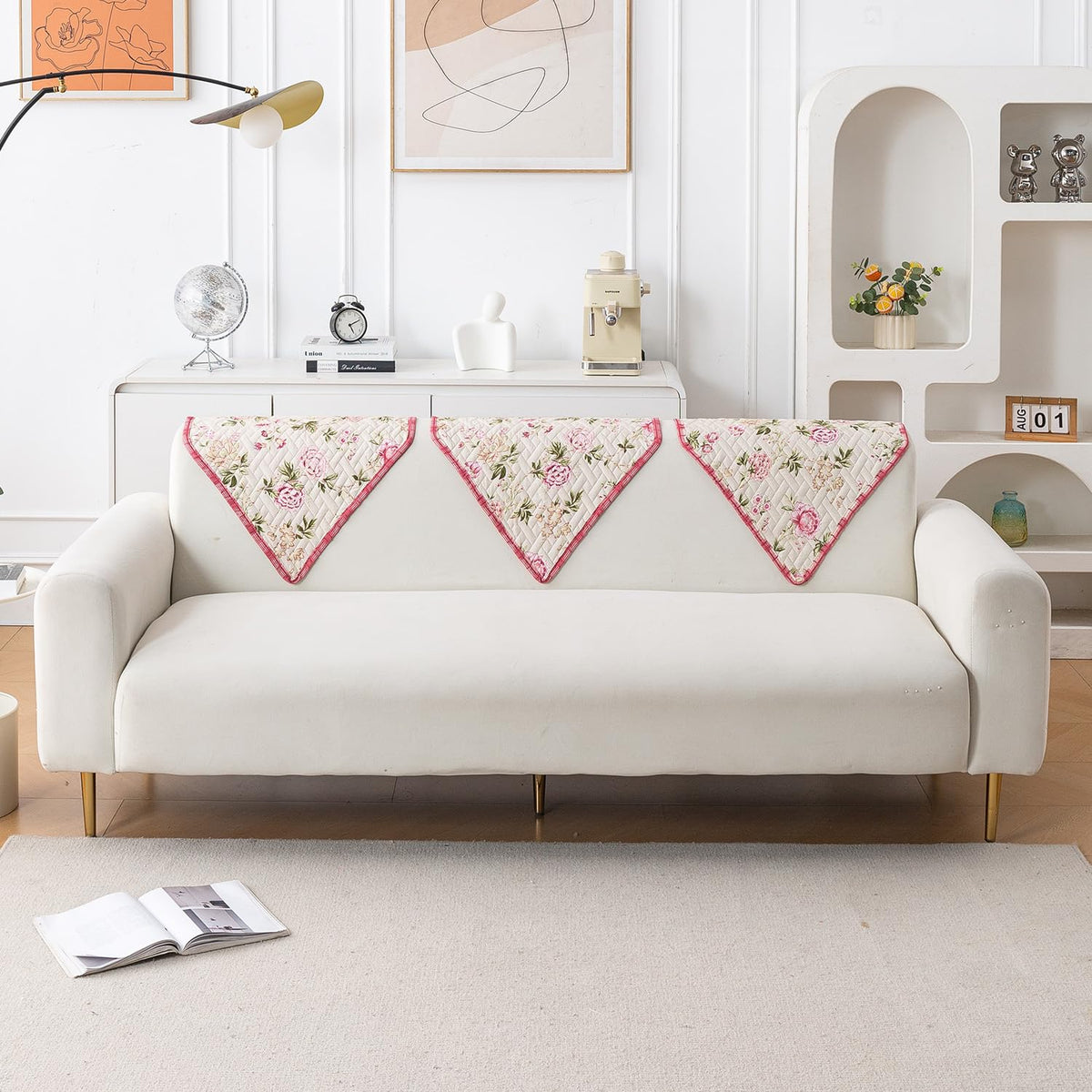 'Homehues' Printed Quilted Sofa Cover Mats, Beige Peonies