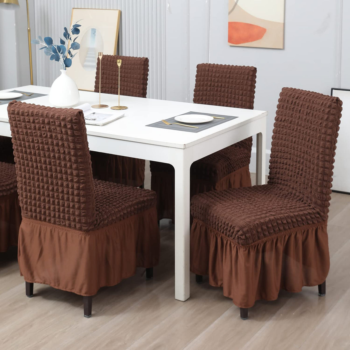 Elastic Stretchable 280 GSM Bubble Dining Chair Cover with Frill, Dark Brown