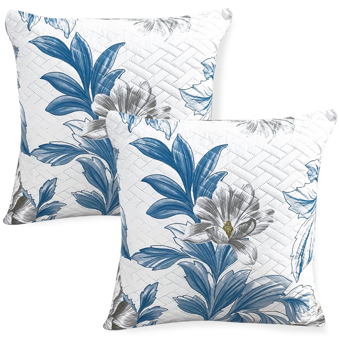 HOKIPO Printed Quilted Sofa Cushion Cover Pack of 2, Celadon Blue Camellia
