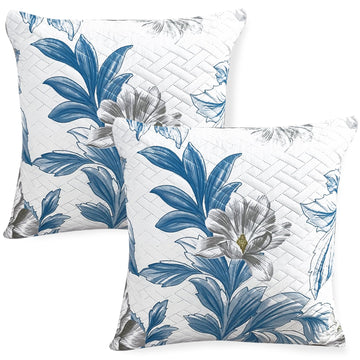 Celadon Blue Camellia Printed Zippered Quilted Cushion Covers