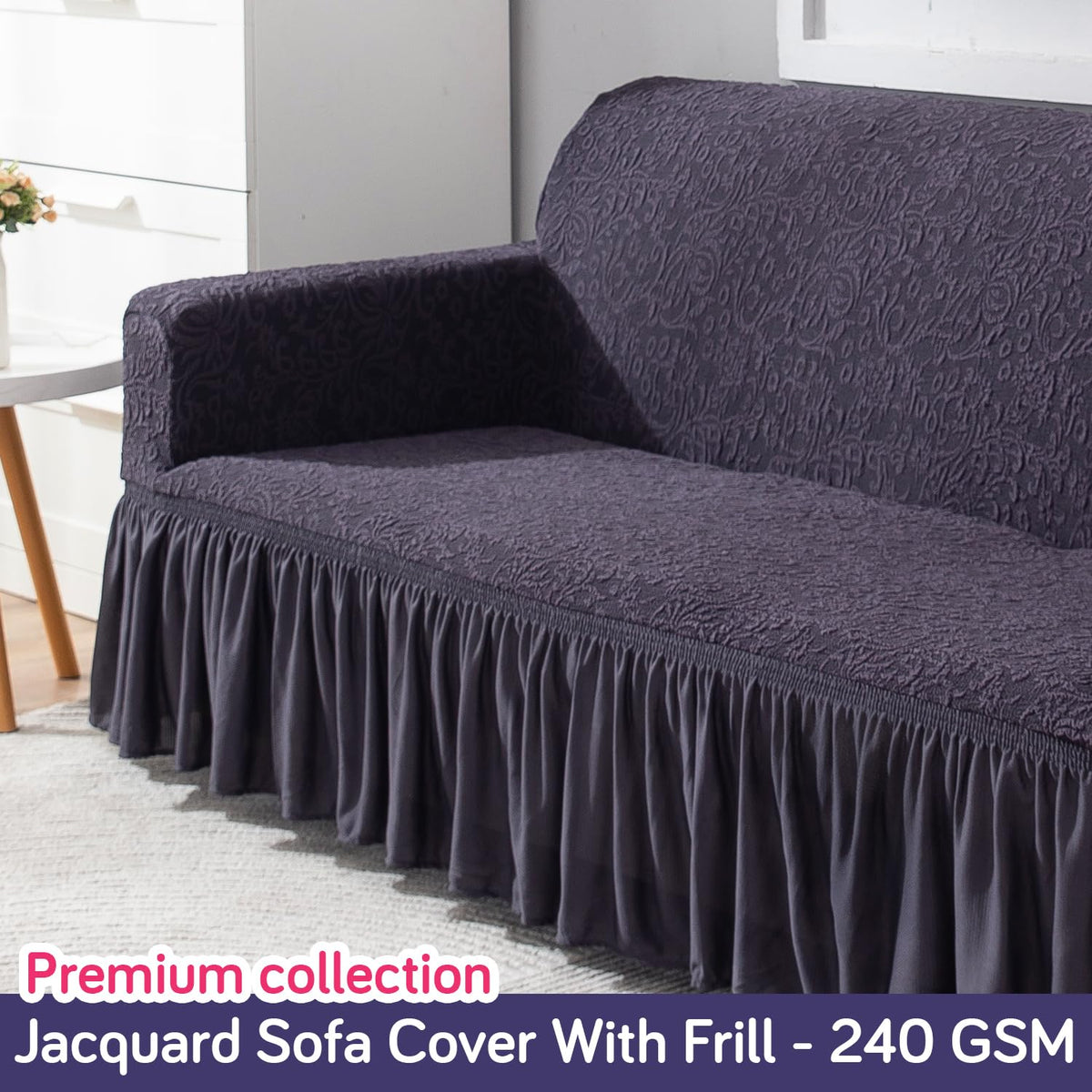 Elastic Stretchable Designer Woven Jacquard Sofa Cover with Frill, Abbey Grey