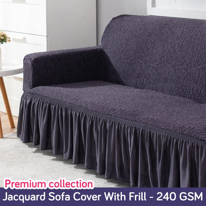 Elastic Stretchable Designer Woven Jacquard Sofa Cover with Frill, Abbey Grey