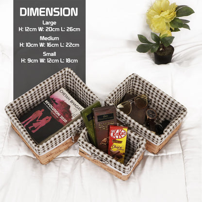 Handwoven Imitation Rattan Wicker Rectangular Basket For Home, Office, Wardrobe. Pack Of 3, Light Brown