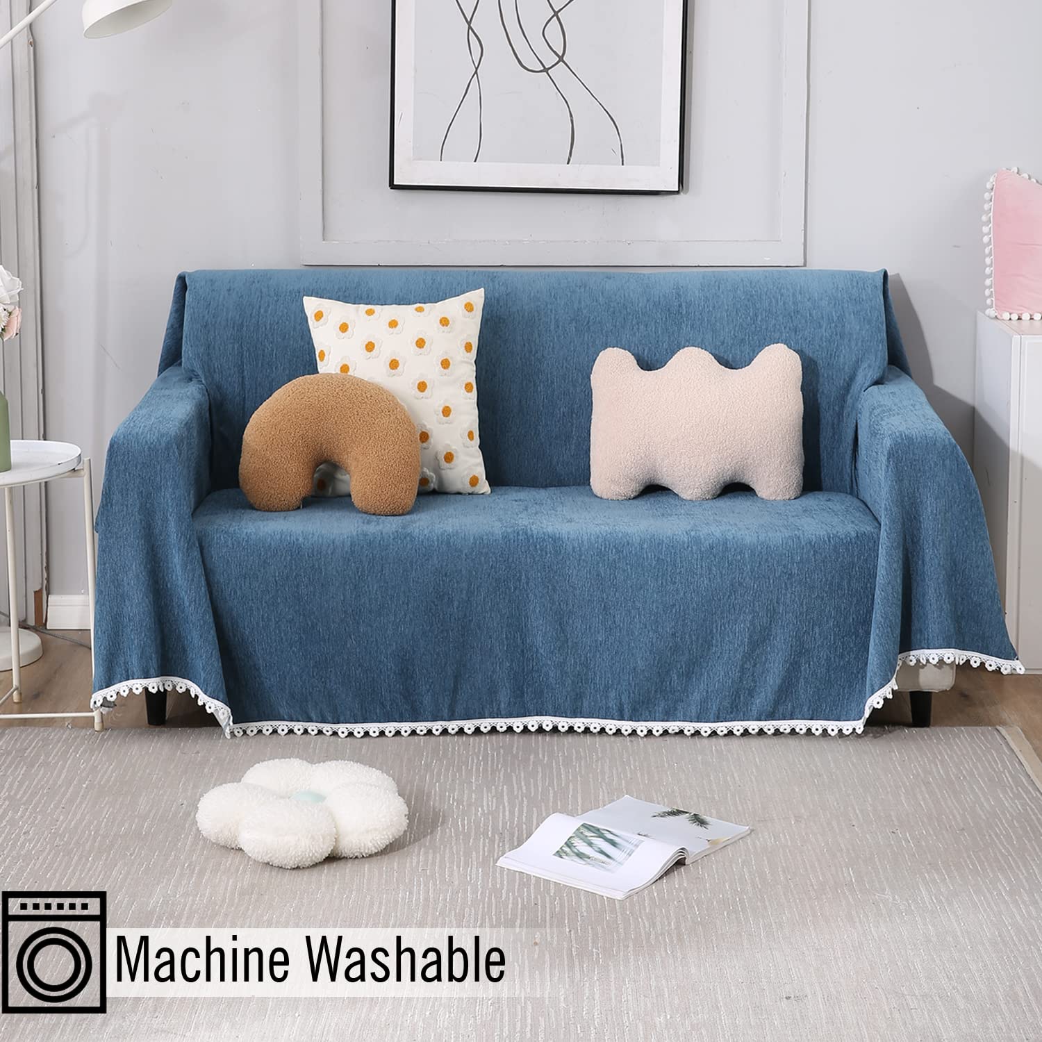 Blue colour chenille sofa throws in size 180(D)x180(L) for one seater, 180(D)x230(L) for two seater, 180(D)x300(L) for 3 seater
