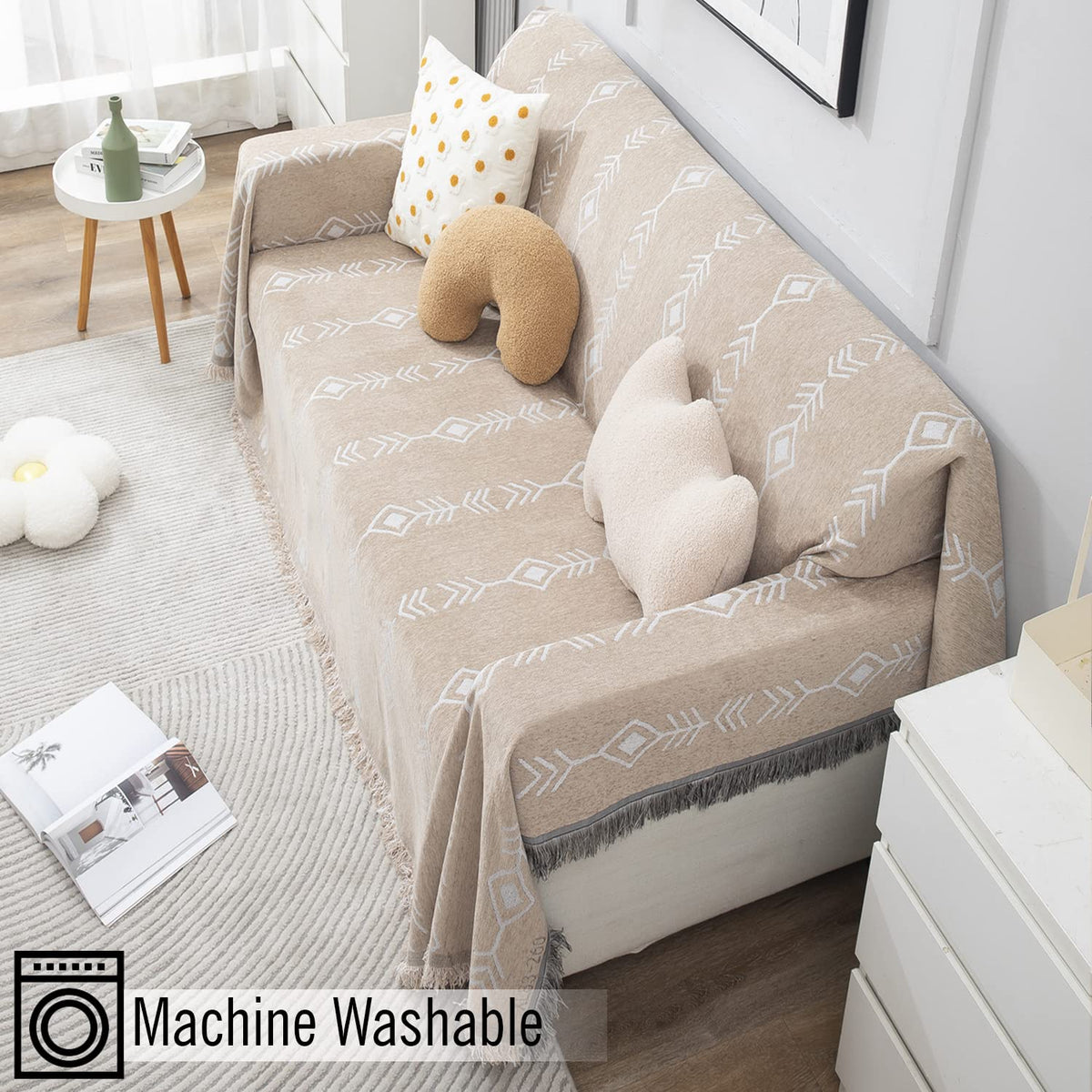 Beige Aztec, Thick, Soft and Pet Friendly Chenille Sofa Cover Throw