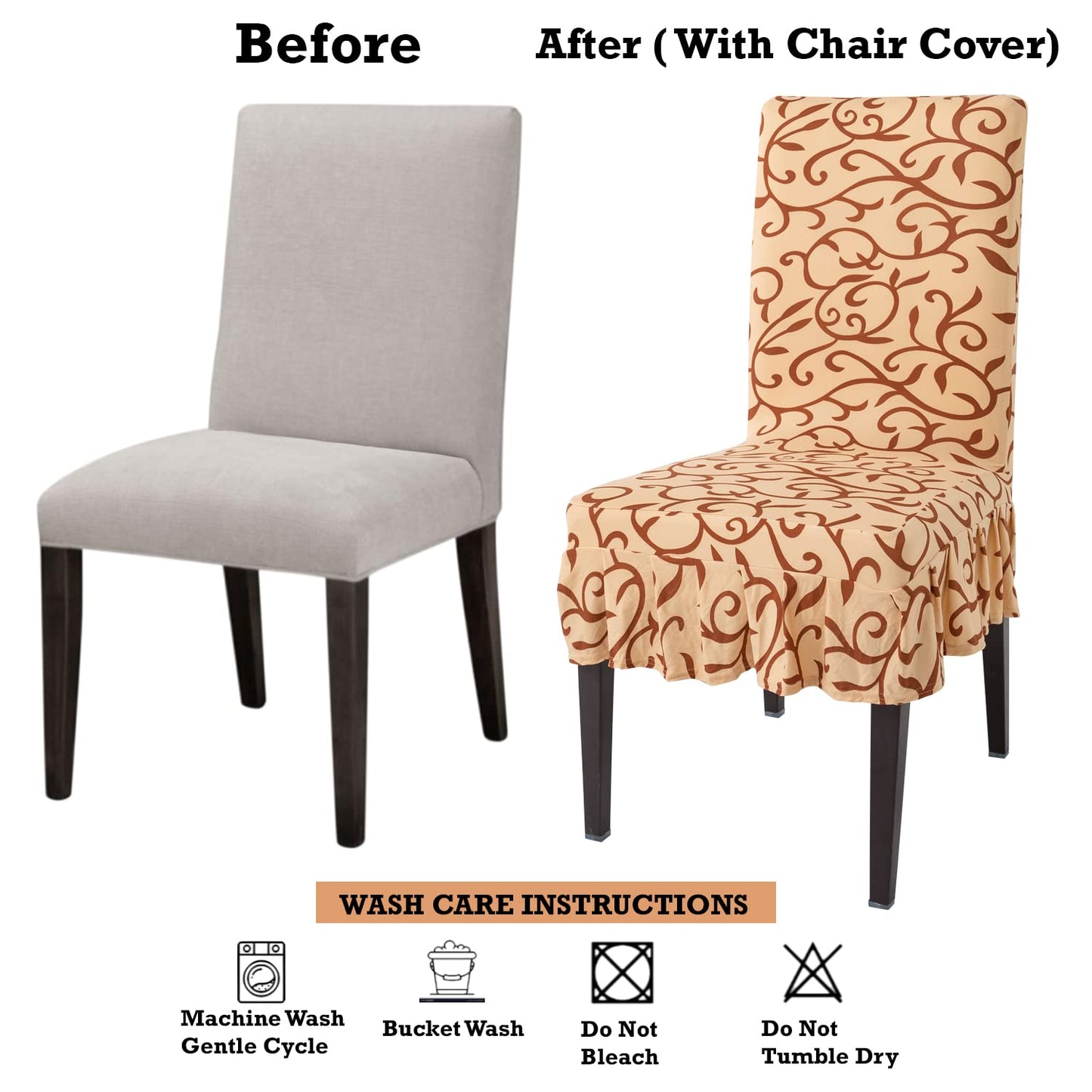 Elastic Stretchable Dining Chair Cover with Frill, Beige Vines