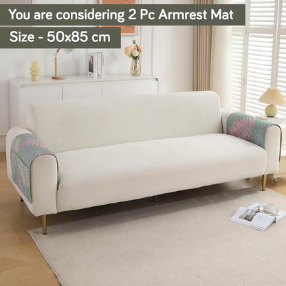 Polyester Printed Quilted Sofa Cover Mats, Tropical Leaves Pastel Green