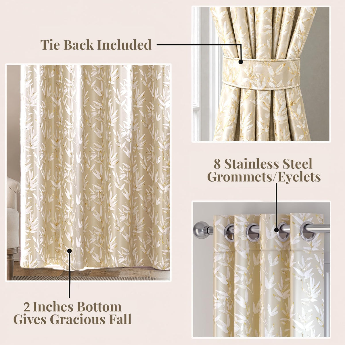 HOKIPO Luxe Foliage Foil Printed Curtains, 7 Feet Long - Cream - image 4