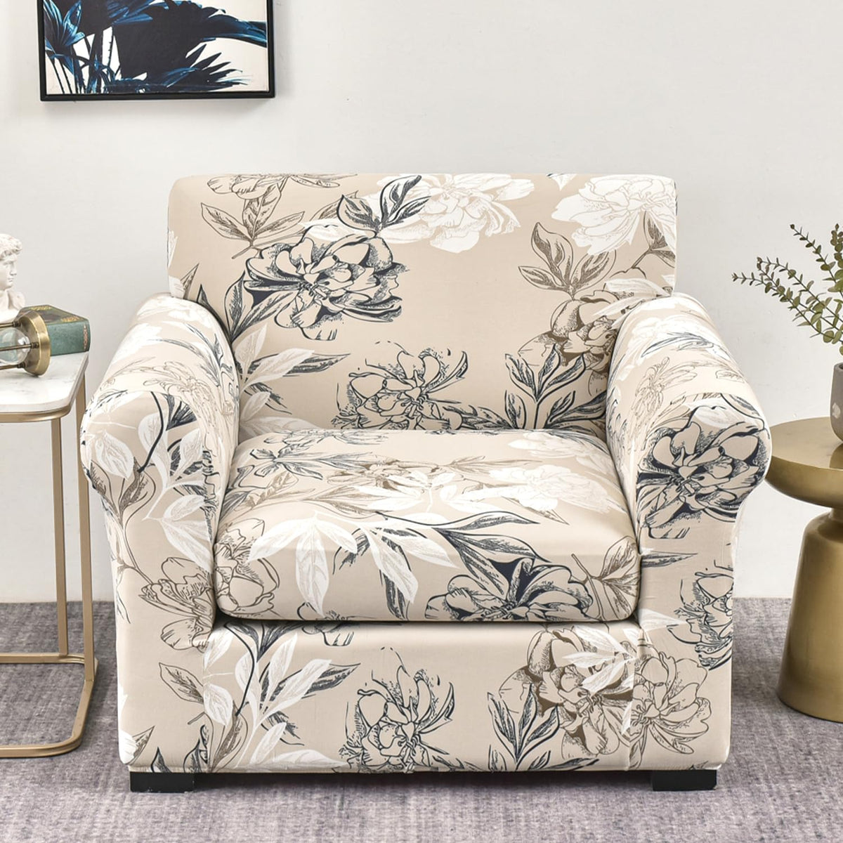Printed Stretchable Sofa Slipcover with 1/2/3 Pc Separate Seat Cushion Cover for each 1/2/3 Seater, Beige Vintage Peony