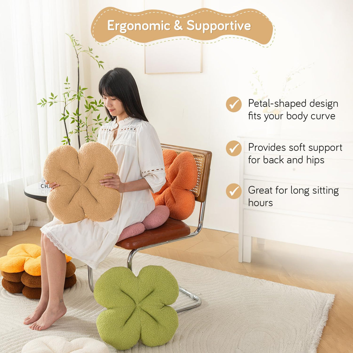 HOKIPO Floral Decorative Throw Pillow for Sofa, Couch & Bed | Soft Plush Flower Cushion | Aesthetic Pillow for Home Décor - 46 cm, Beige (AR-6728-BGE)