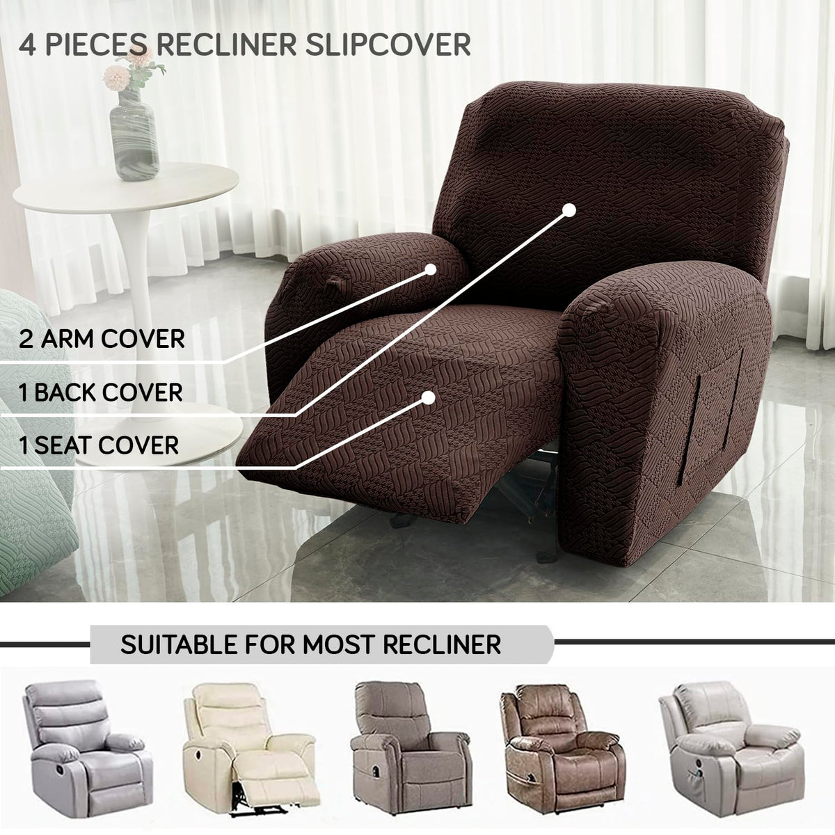 Buy Brown Colour Jacquard 4 Pieces Recliner Slipcover | HOKIPO