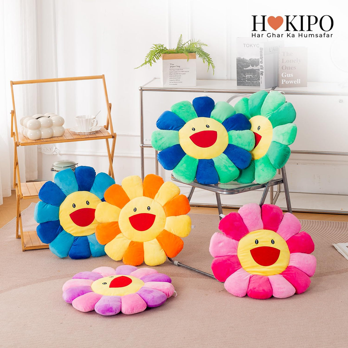 HOKIPO Smiley Sunflower Cushion for Sofa & Bed, 45 cm, Green