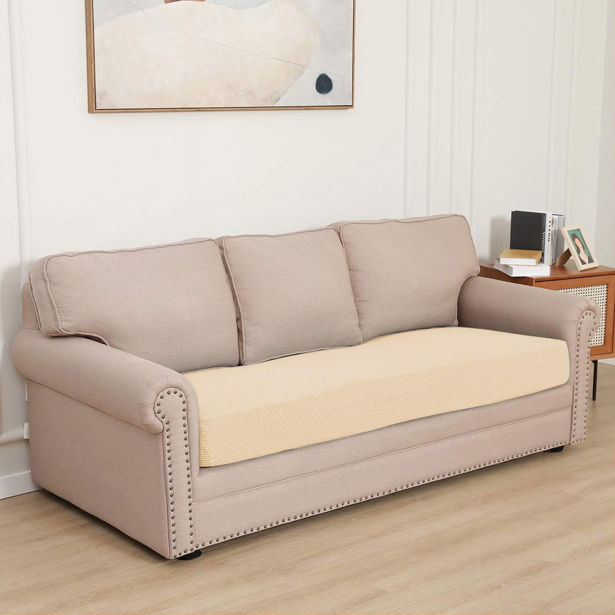 Stretchable Thick Jacquard Textured Seat Cushion Cover for 1/2/3 Seaters / Pieces for Sofa, Beige