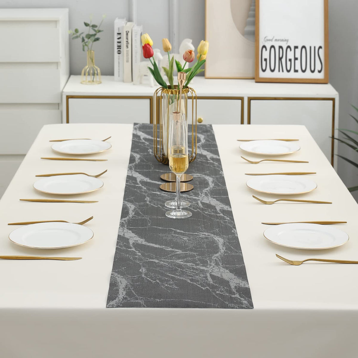 Buy Abstract Black Colour PVC Dining Table Runner for 6 Seater Tables | HOKIPO