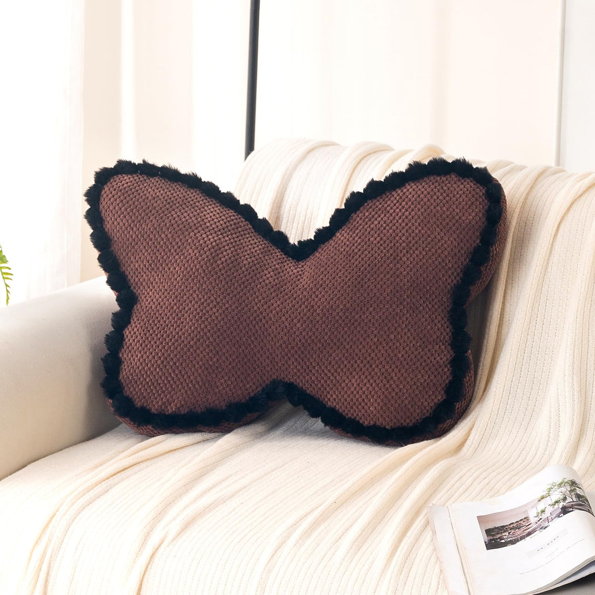 HOKIPO Butterfly Shaped Cushion for Kids Room & Sofa, 53x33 cm, Brown