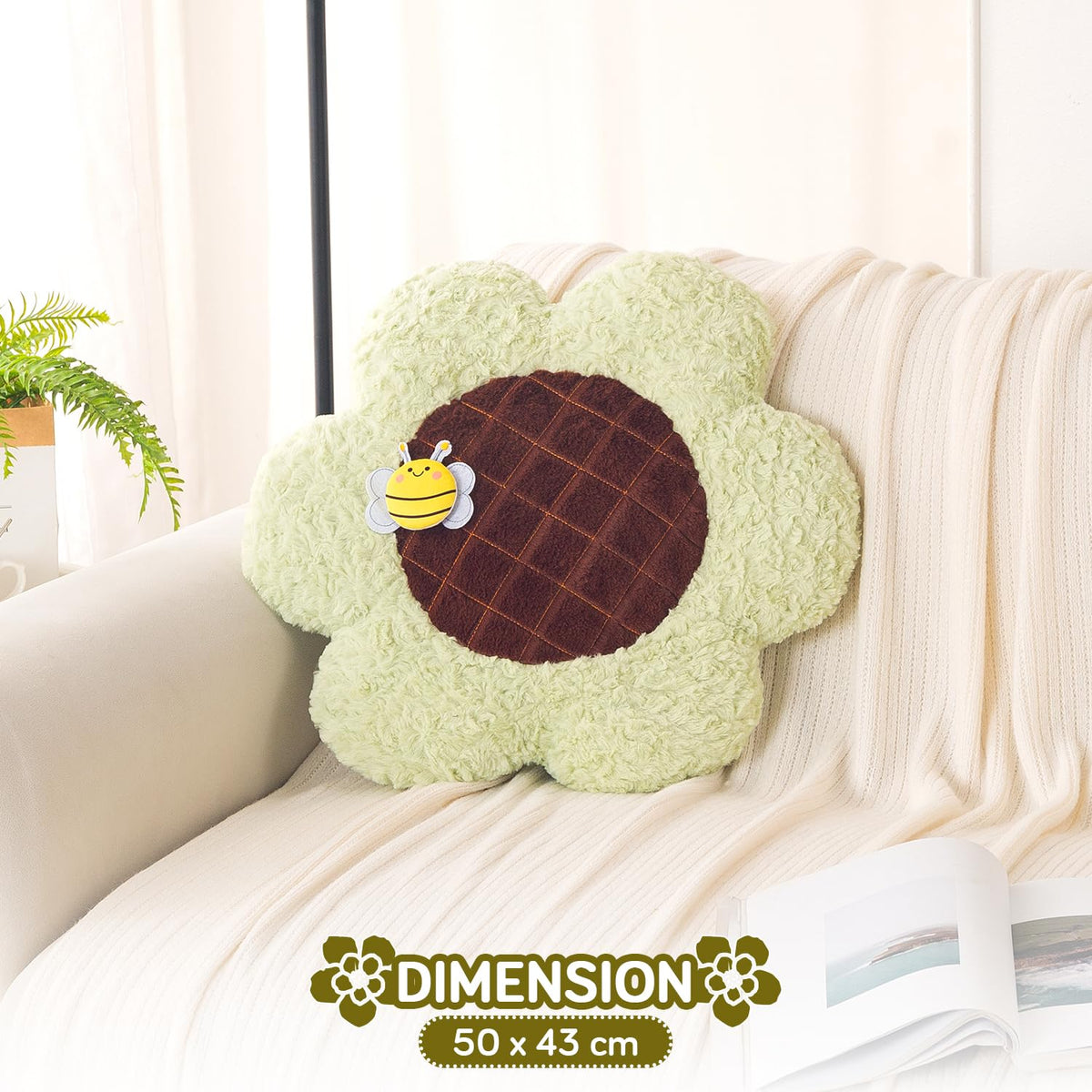 HOKIPO Sunflower Bee Cushion for Sofa & Bed, 50 cm, Green