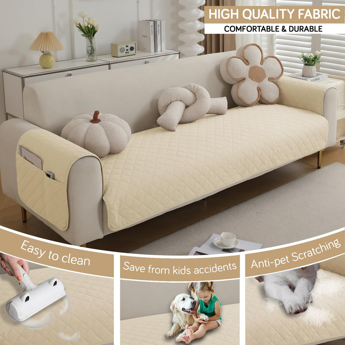 Quilted Waterproof Sofa Seat Mat for 1/2/3 Seater Sofa with 2 Armrest Covers with Pockets, Cream