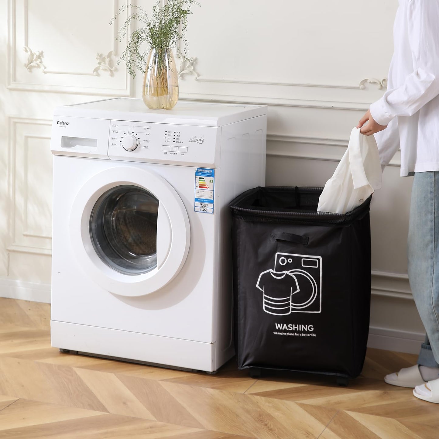 Laundry Basket Bag with Wheels Hamper, Black