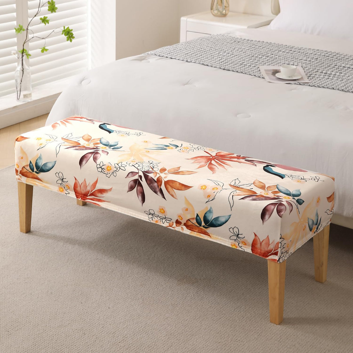 Premium Printed Velvet Elastic Dining Bench Cover, Amber Serene Flora
