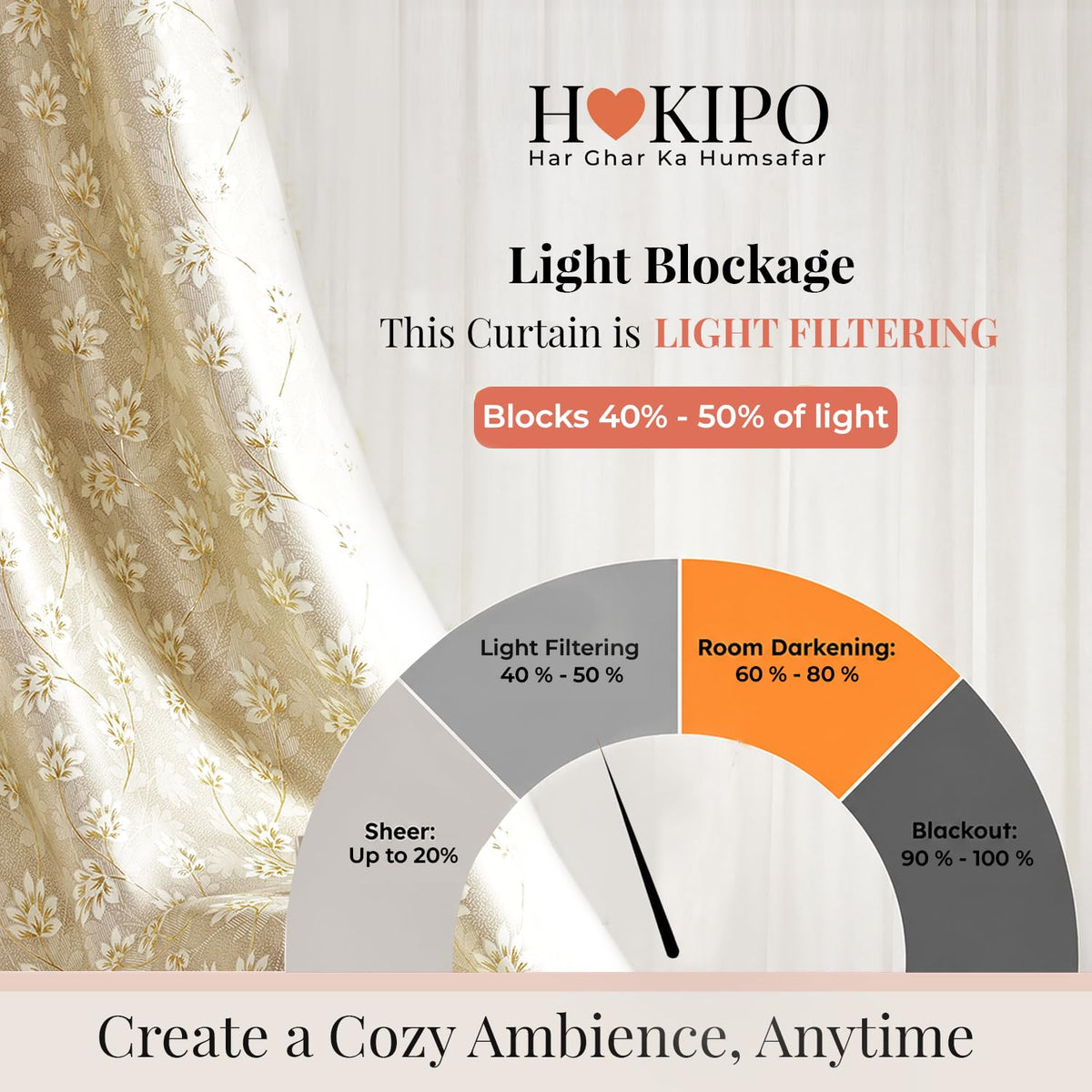 HOKIPO Vogue Shine Eyelet Curtains, 7 Feet Long - Champagne Beige - image 5