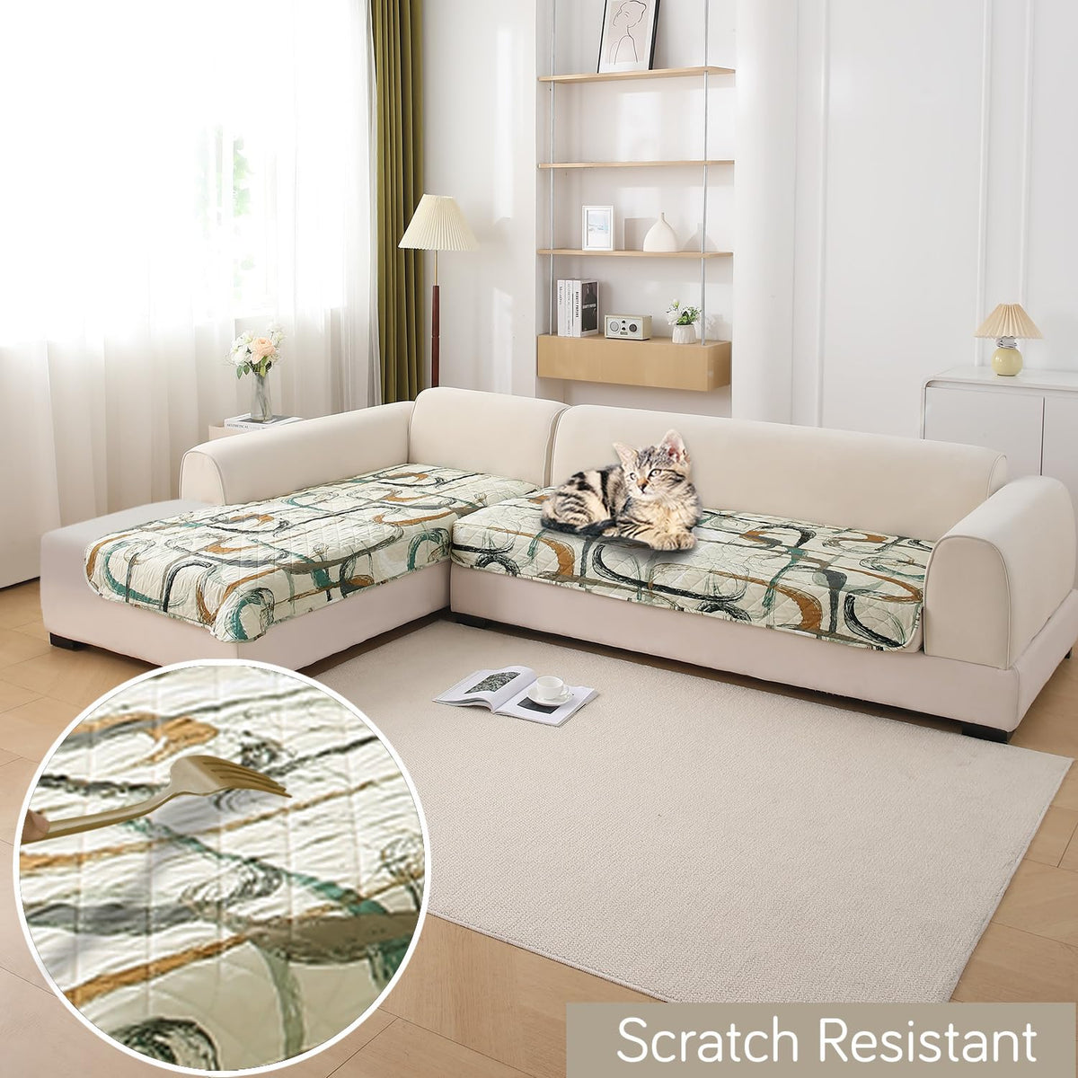 Waterproof Printed Quilted Quick Dry L Shape Sofa Seat Cover Mat, Parchement Beige Abstract Art
